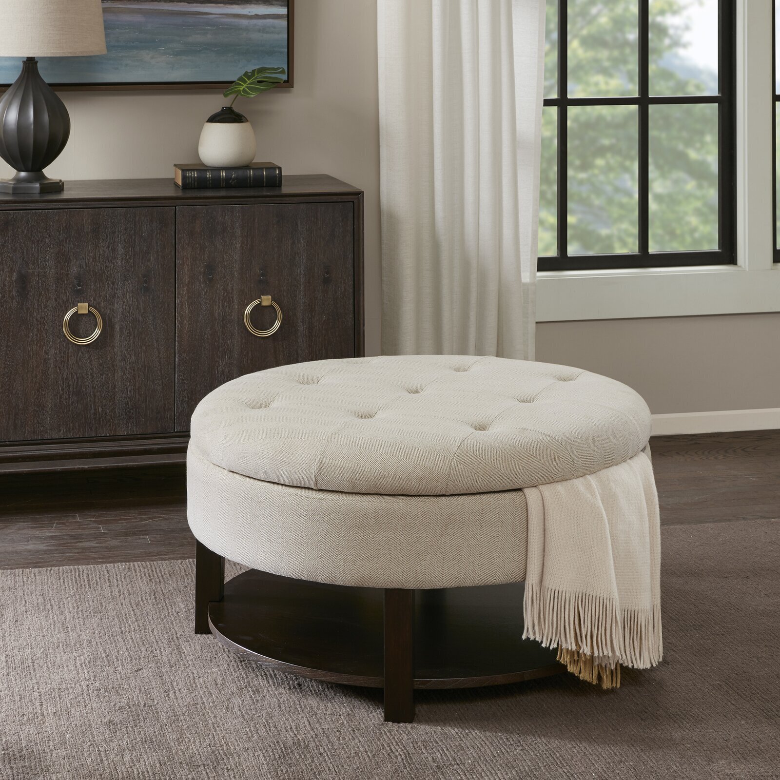 Large Cream Tufted Ottoman With Shelf 