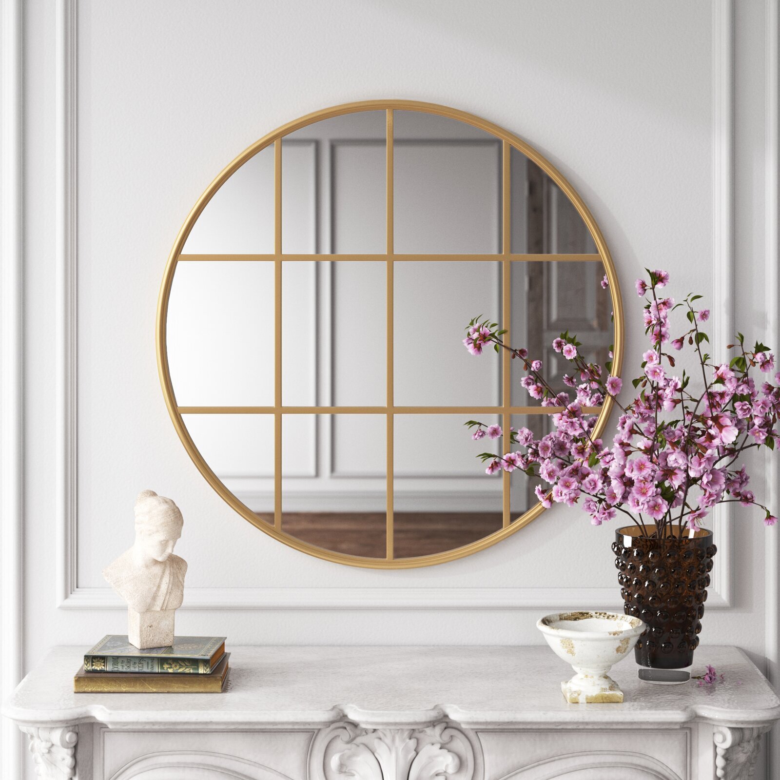 Large Gold Windowpane Design Mirror 