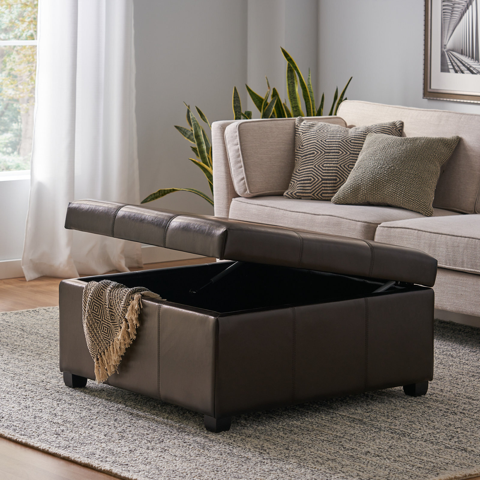 Large Square Sectioned Leather Storage Ottoman