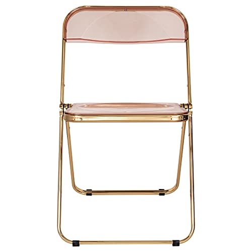LeisureMod Lawrence Modern Transparent Acrylic Folding Chair with Gold Metal Frame Set of 2 (Rose Pink)