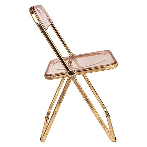 LeisureMod Lawrence Modern Transparent Acrylic Folding Chair with Gold Metal Frame Set of 2 (Rose Pink)