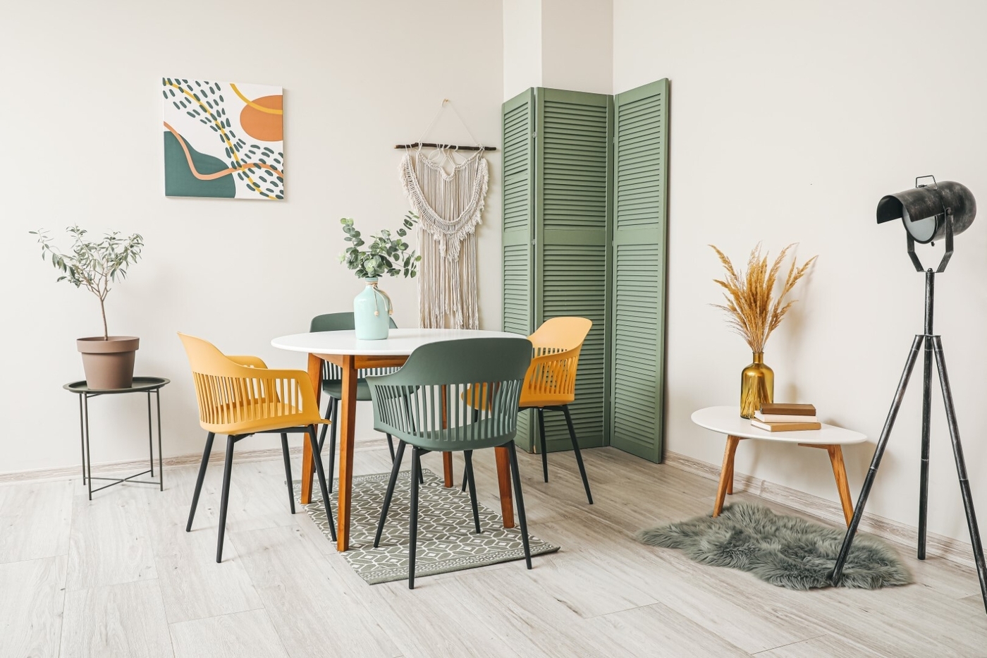 sage green and yellow bedroom