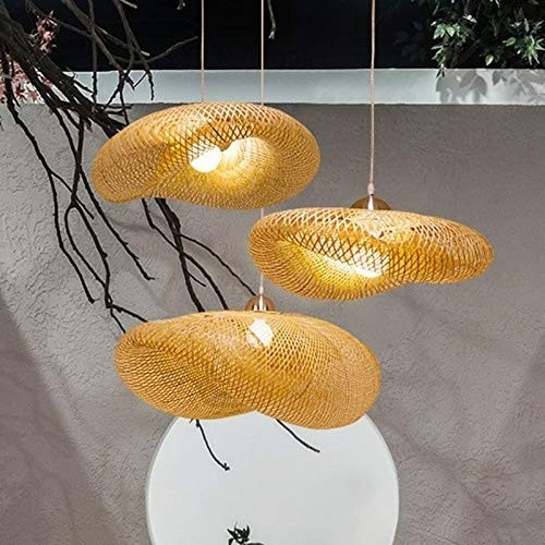 LITFAD Donut Shaped Bamboo Hanging Lamp Artistic 1 Bulb Wood Ceiling Pendant Light Asian Style Hanging Ceiling Fixture for Tearoom Restaurant Hotel, 39.5" 110V-120V