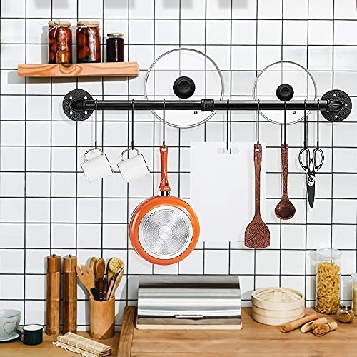 LIVIKEY Pots and Pans Organizer, Wall Mounted Pot Rack with 10 S Hooks, 23.7-inch, Detachable Pan Lid Utensils Hanger for Kitchen Organization,Black