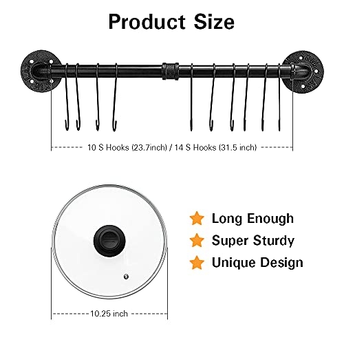 LIVIKEY Pots and Pans Organizer, Wall Mounted Pot Rack with 10 S Hooks, 23.7-inch, Detachable Pan Lid Utensils Hanger for Kitchen Organization,Black