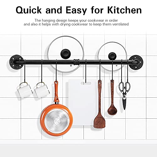 LIVIKEY Pots and Pans Organizer, Wall Mounted Pot Rack with 10 S Hooks, 23.7-inch, Detachable Pan Lid Utensils Hanger for Kitchen Organization,Black
