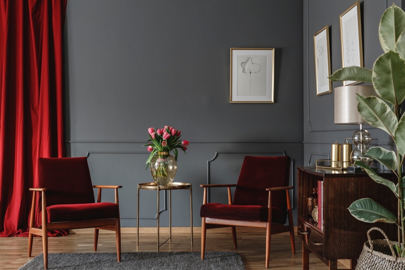 Living room interior with red drape