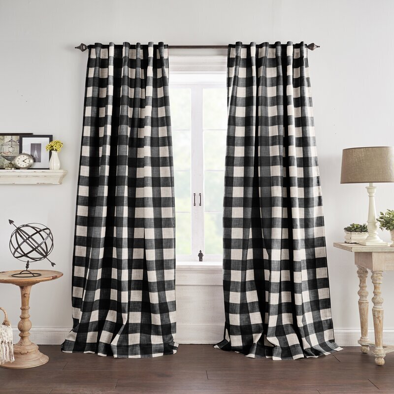 Long, black and white checked curtains