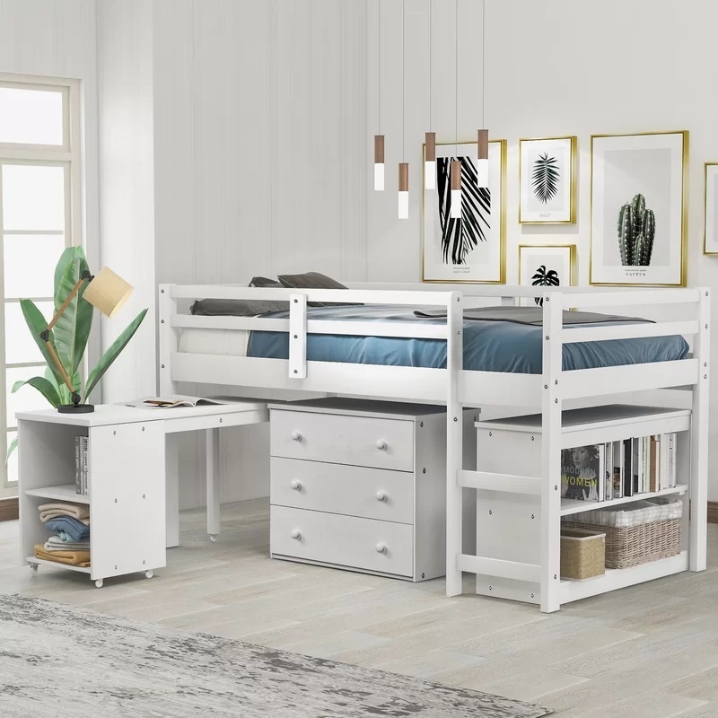 Low White Loft Bed with Desk