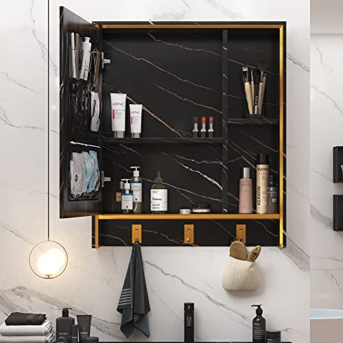 LVSOMT 24'' X 28'' Wall Mounted Bathroom Medicine Cabinet with Mirror, Aluminum Hanging Storage Organizer, Vanity Mirrored Cabinet with 4 Shelves, 3 Towel Hooks, 1 Makeup Bag (Marble Black)