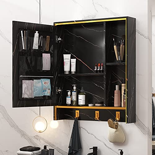 LVSOMT 24'' X 28'' Wall Mounted Bathroom Medicine Cabinet with Mirror, Aluminum Hanging Storage Organizer, Vanity Mirrored Cabinet with 4 Shelves, 3 Towel Hooks, 1 Makeup Bag (Marble Black)