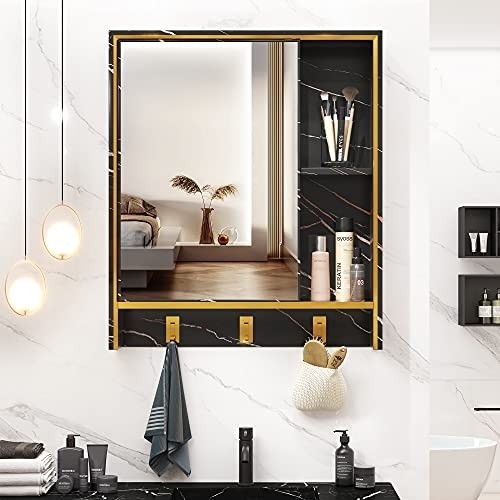 LVSOMT 24'' X 28'' Wall Mounted Bathroom Medicine Cabinet with Mirror, Aluminum Hanging Storage Organizer, Vanity Mirrored Cabinet with 4 Shelves, 3 Towel Hooks, 1 Makeup Bag (Marble Black)
