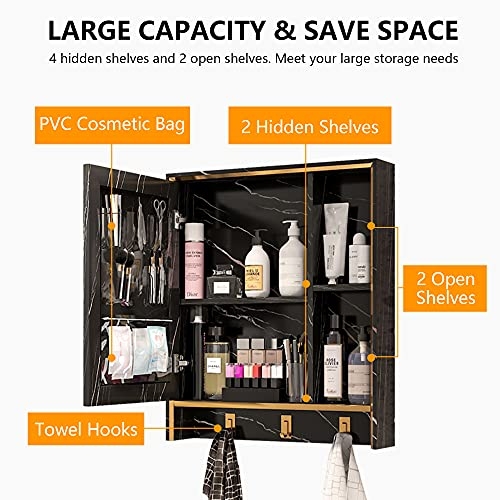 LVSOMT 24'' X 28'' Wall Mounted Bathroom Medicine Cabinet with Mirror, Aluminum Hanging Storage Organizer, Vanity Mirrored Cabinet with 4 Shelves, 3 Towel Hooks, 1 Makeup Bag (Marble Black)