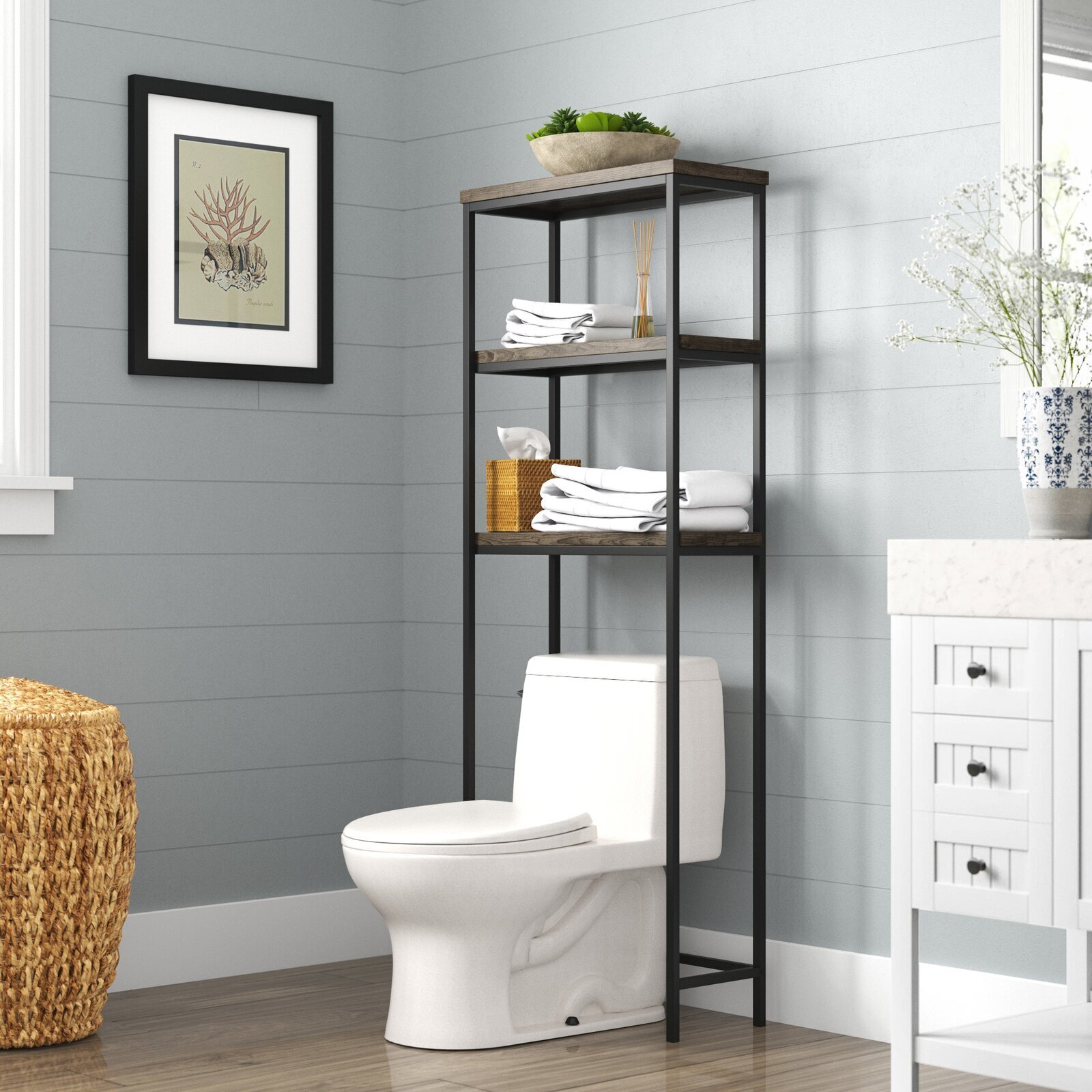 Derby Over the Toilet Bathroom Spacesaver Storage Rack, Black Metal Frame &  Marble Wood Top, Traditional