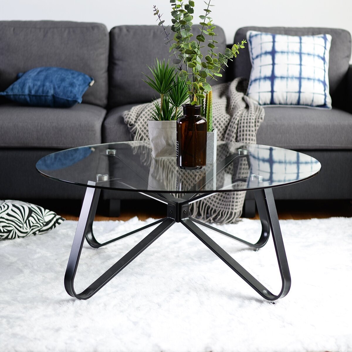 Matte Black Glass Top Table With Inverted Legs