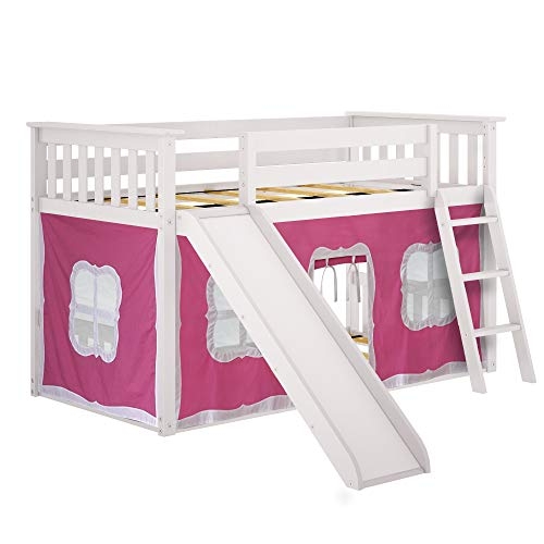 Max & Lily Twin over Twin Low Bunk with Slide and Pink Curtains, White