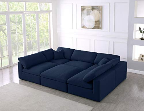 Meridian Furniture Serene Collection Modern | Contemporary Cloud Modular Down Filled Overstuffed Sectional with Durable Linen Fabric Upholstery, Navy, 119" W x 80" D x 32" H