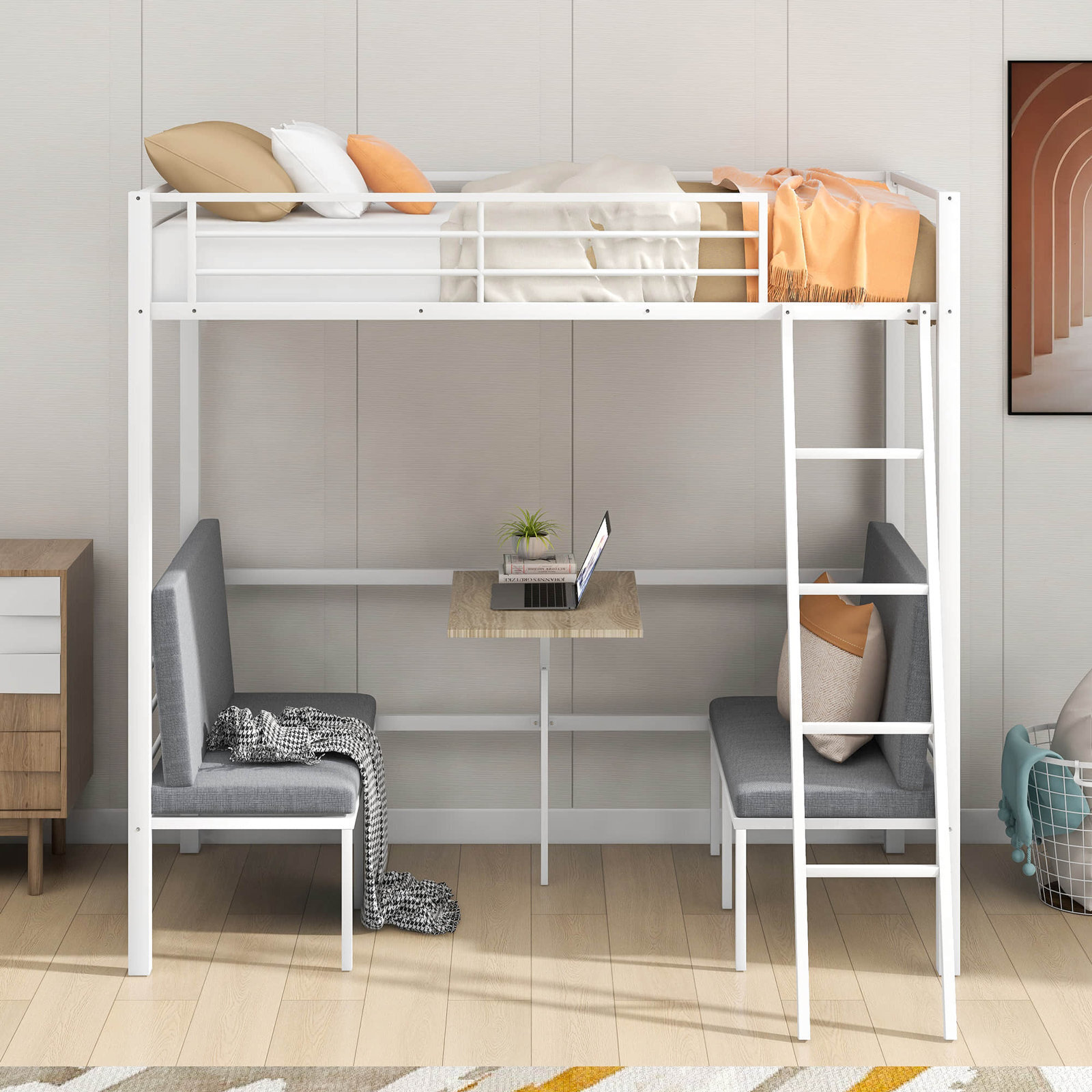 Metal Loft Bed With Desk And Seating  