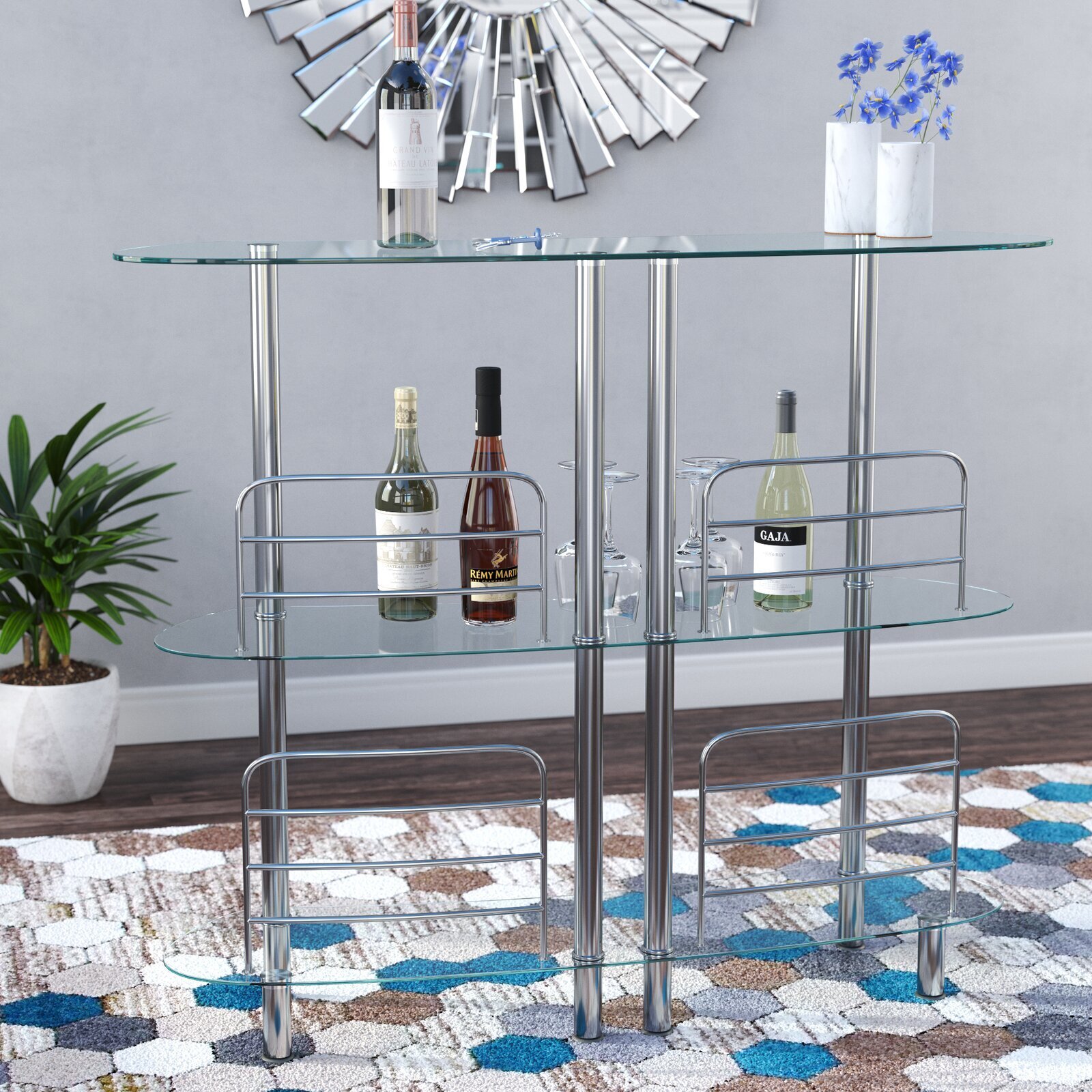 Minimalistic Metal and Glass Tiered Bar