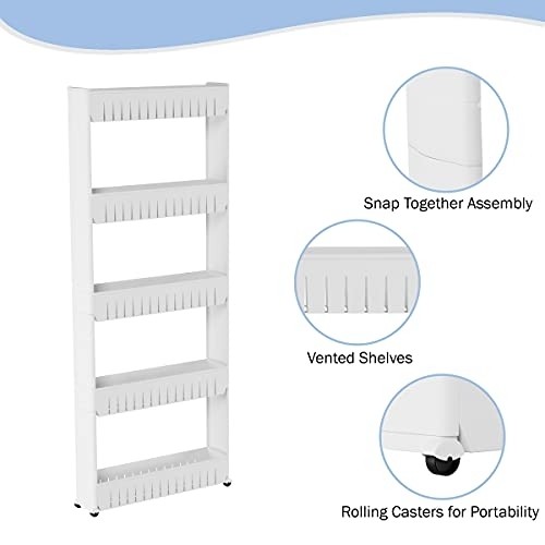 Mobile Shelving Unit Organizer with 5 Large Storage Baskets, Slim Slide Out Pantry Storage Rack for Narrow Spaces by Everyday Home