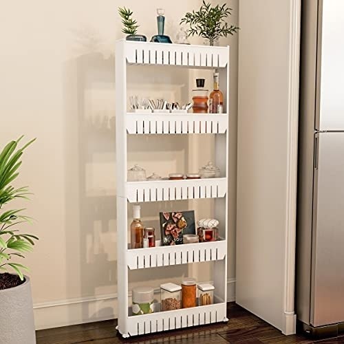 Mobile Shelving Unit Organizer with 5 Large Storage Baskets, Slim Slide Out Pantry Storage Rack for Narrow Spaces by Everyday Home