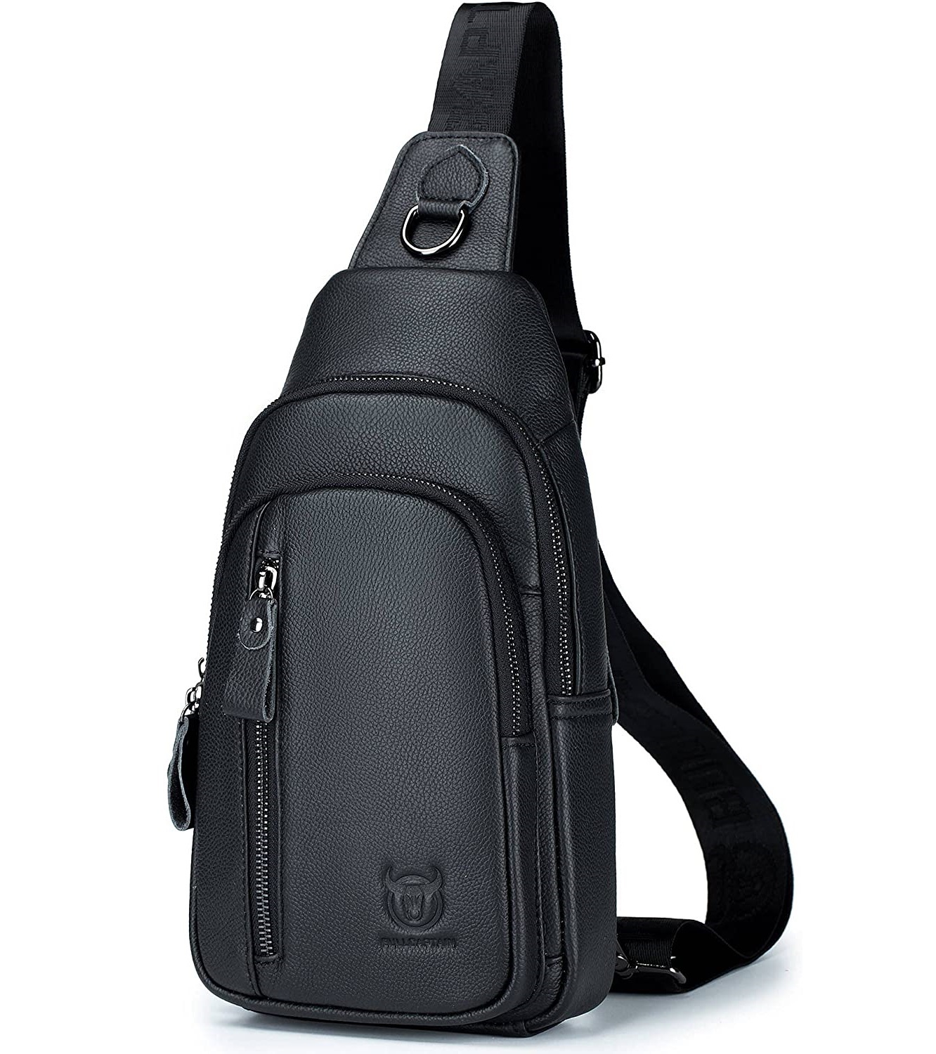 Modern black leather sling bag