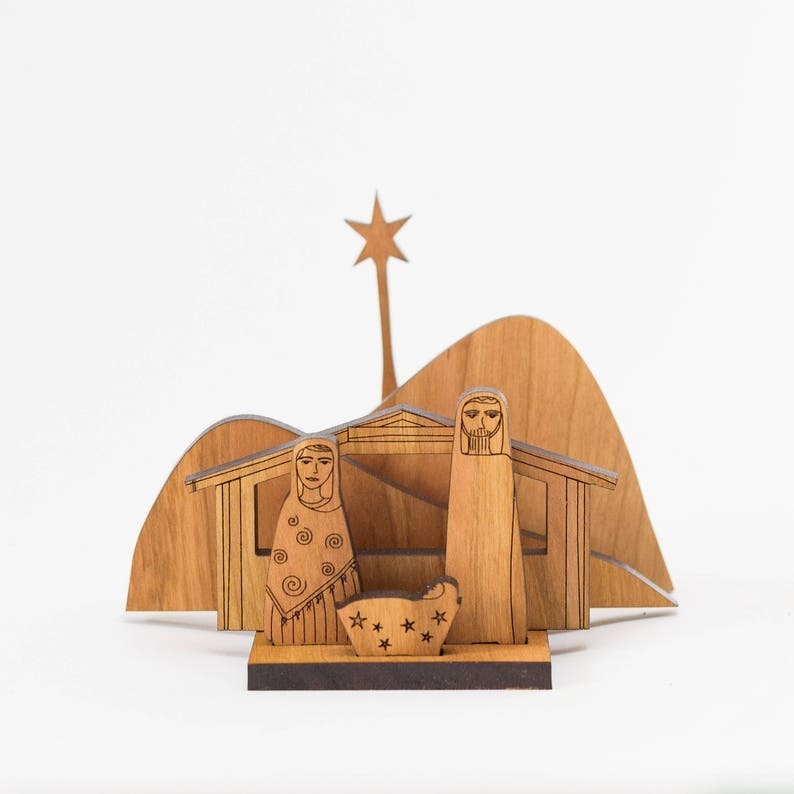 Modern Cherry Wood Nativity Set