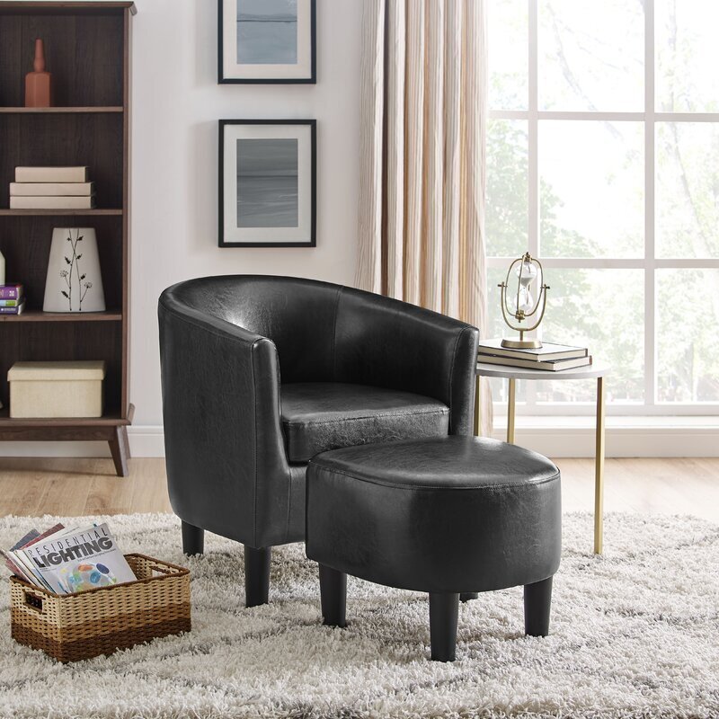 Modern faux leather barrel chair and ottoman set