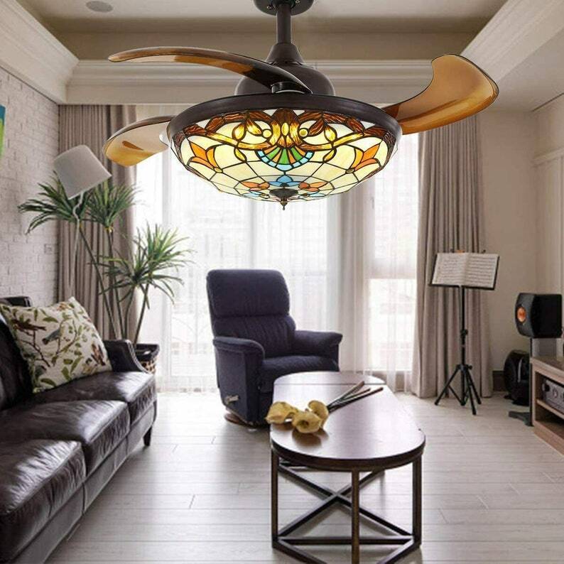 Modern Retractable Tiffany Style Ceiling Fan