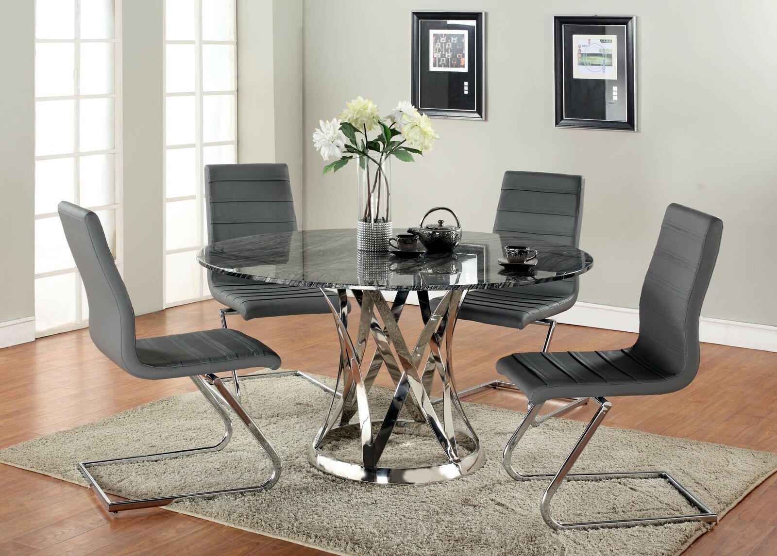 Modern round dining table set with marble top