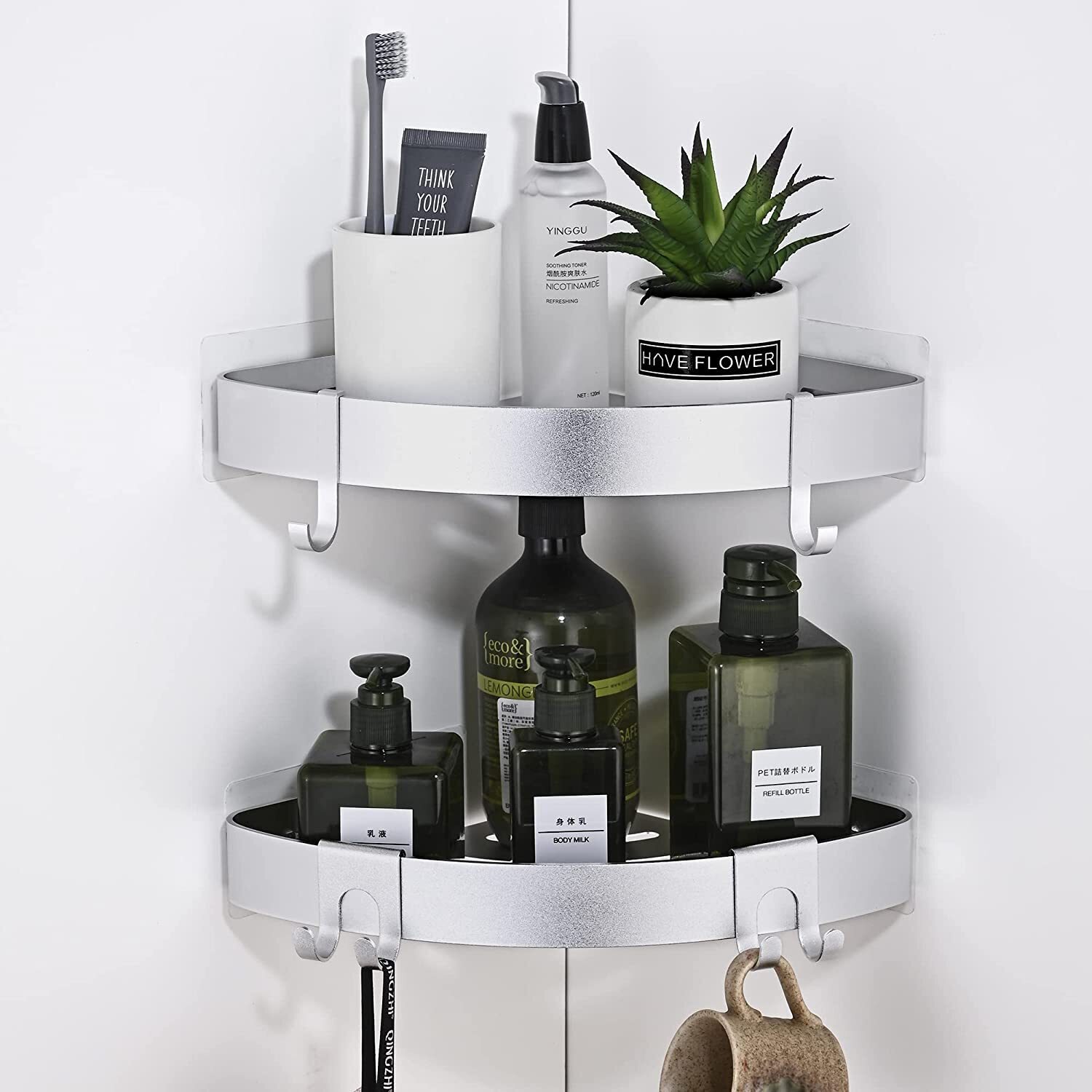 Modern Silver Corner Shelf With Hooks 