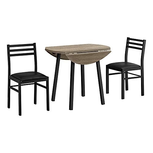 Monarch Specialties Round Drop-Leaf Table and 2 Chairs-for Small Spaces-Modern 3-Piece Dining Set for 2, 35" D, Dark Taupe/Black Metal