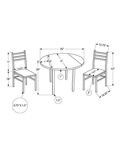 Monarch Specialties Round Drop-Leaf Table and 2 Chairs-for Small Spaces-Modern 3-Piece Dining Set for 2, 35" D, Dark Taupe/Black Metal