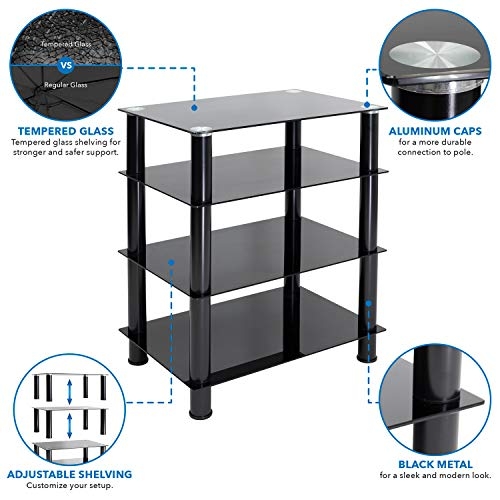 Mount-It! Tempered Glass AV Component Media Stand, Audio Tower and Media Center with 4 Shelves, 88 Lbs Capacity, Black Silk (MI-8670)