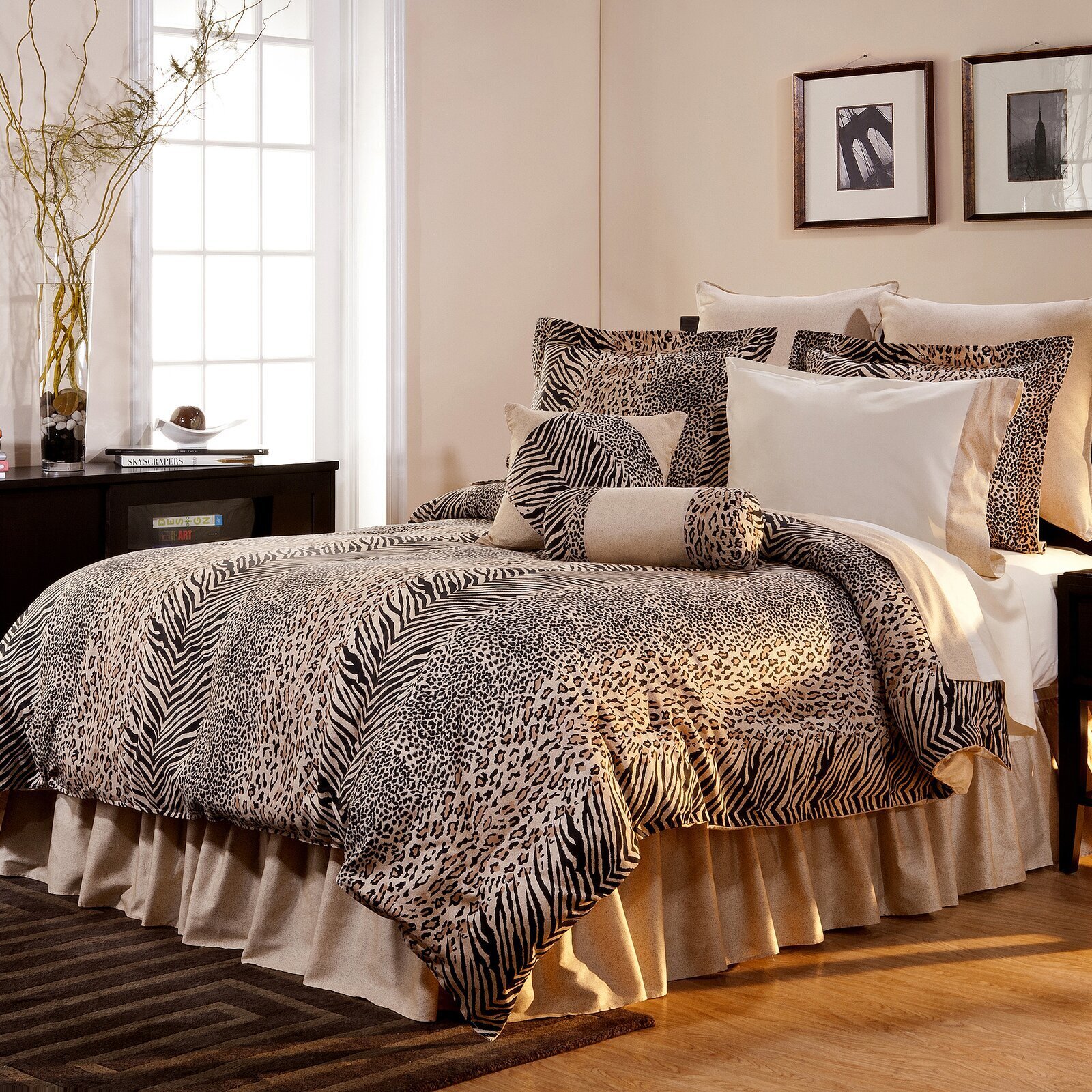 Full Queen King Beige Brown Cheetah Safari Faux Fur 4 pc Comforter Set Bedding 