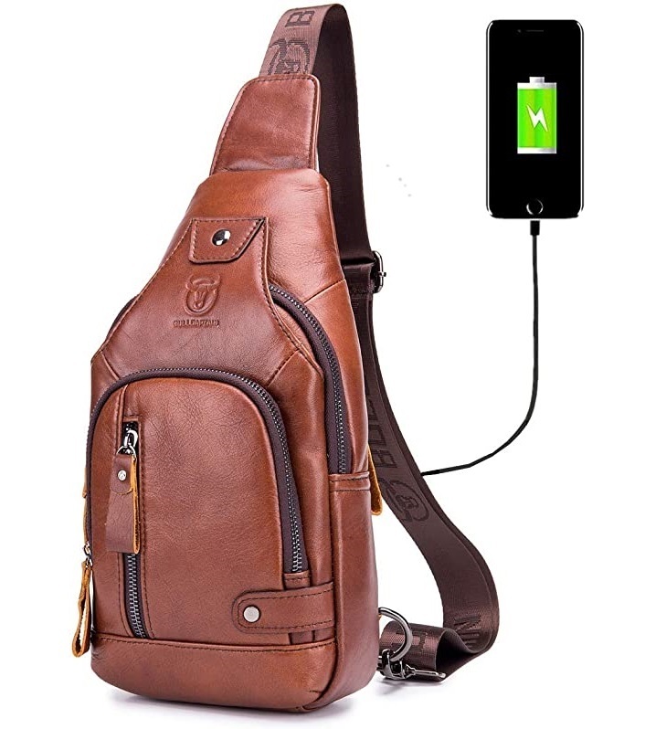 Men Women Chest Bag Genuine Leather Sling Shoulder Backpack