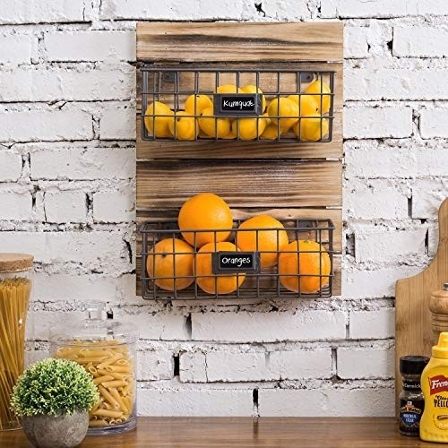 MyGift Rustic Wood & Metal Wire Wall-Mounted Storage Basket Rack with Chalkboard Labels