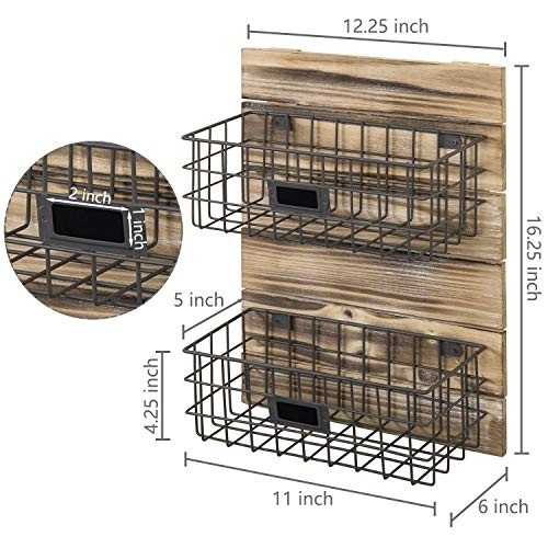 MyGift Rustic Wood & Metal Wire Wall-Mounted Storage Basket Rack with Chalkboard Labels