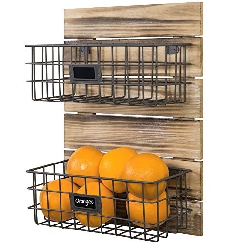 MyGift Rustic Wood & Metal Wire Wall-Mounted Storage Basket Rack with Chalkboard Labels