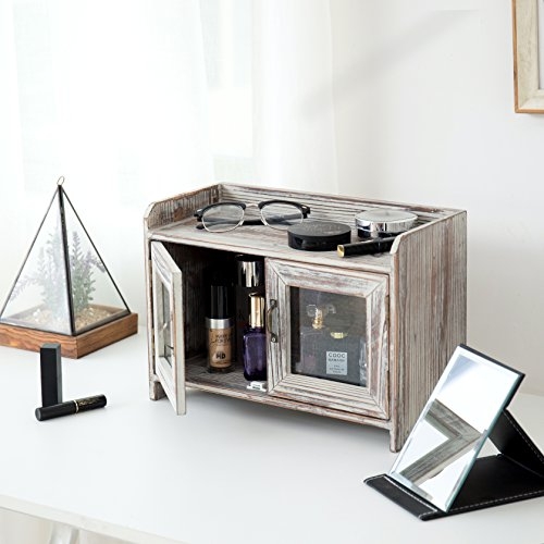 MyGift Torched Wood Countertop Storage Cabinet with 2 Glass Window Doors - Bathroom Vanity Chest or Kitchen Spice Shelves