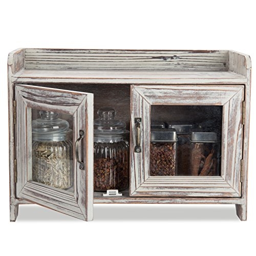 MyGift Torched Wood Countertop Storage Cabinet with 2 Glass Window Doors - Bathroom Vanity Chest or Kitchen Spice Shelves