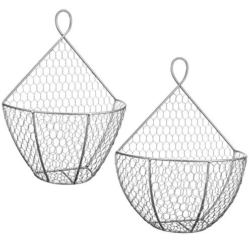 MyGift Silver Metal Chicken Wire Wall Mounted Hanging Produce Baskets Set of 2 