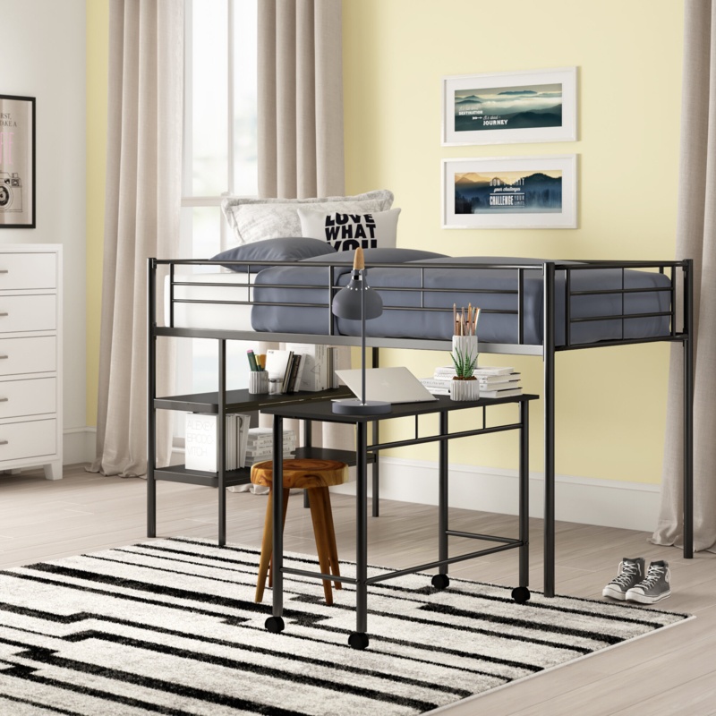 Twin Loft Bed with Rolling Desk and Shelves