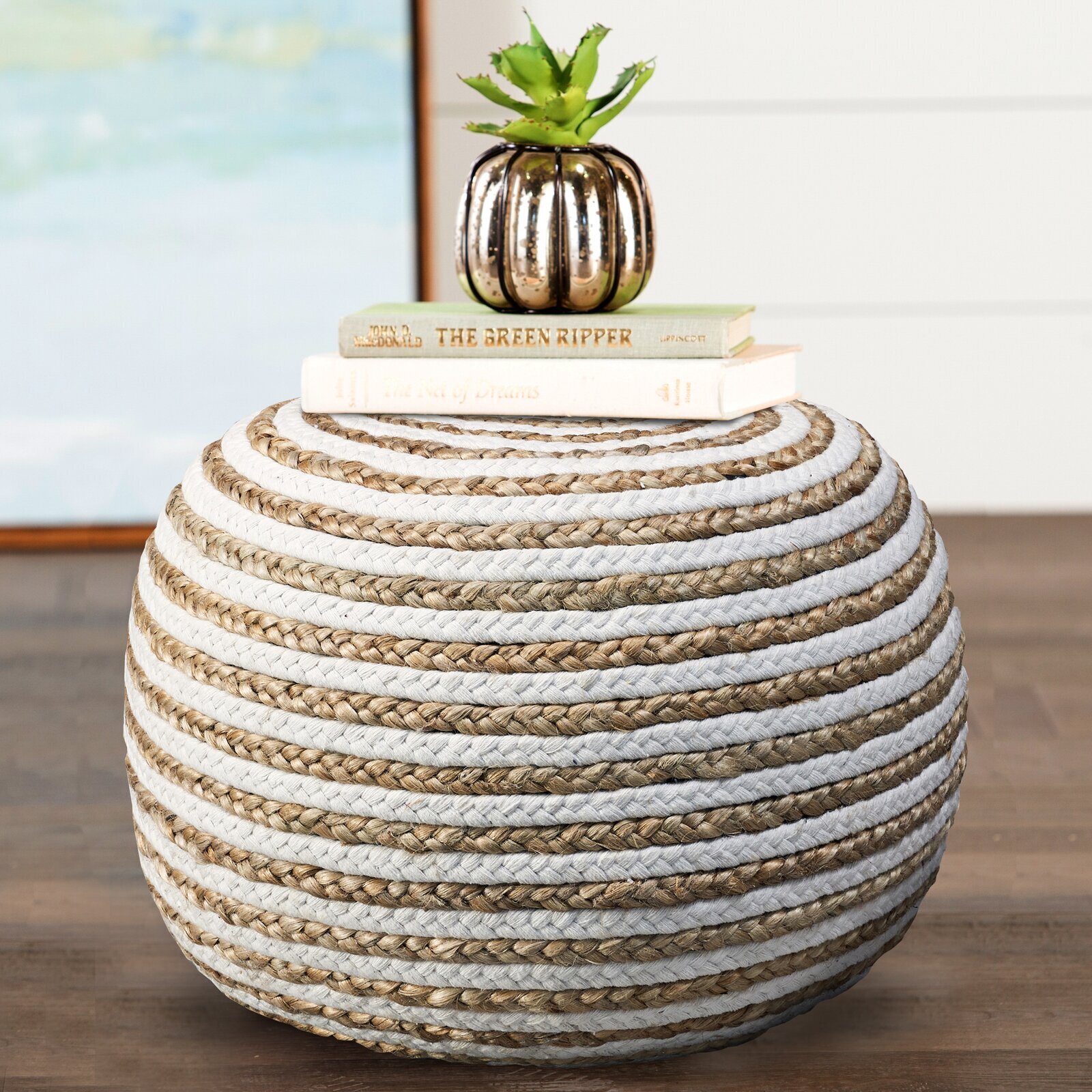 Natural and White Striped Rattan Pouf