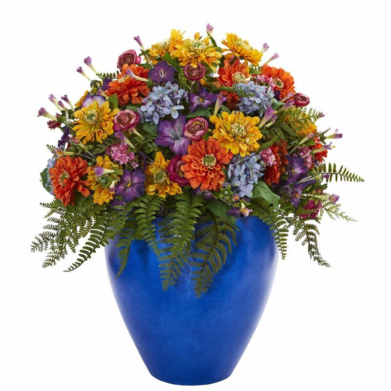 Natural Looking Colorful Large Floral Arrangements In Blue Pot