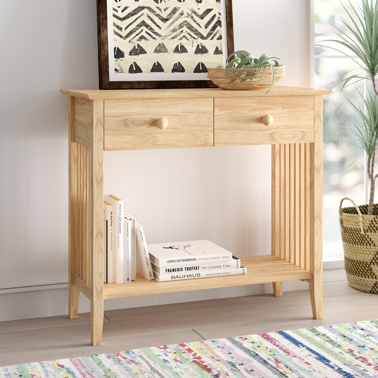 Natural Wood Console Table With Two Drawers