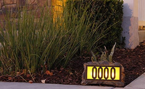 Natures Mark Solar Power Lighted House Numbers Address Sign - LED Illuminated Outdoor Resin Light Up House Number Sign Decor for Home Yard Street (Rock)