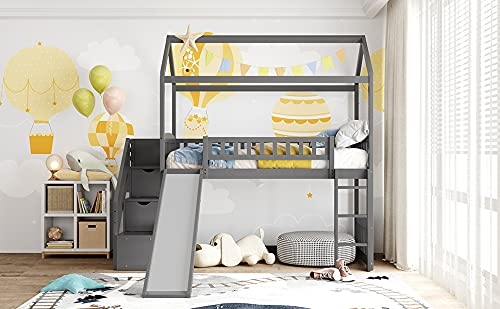 OCTM Twin Over Twin Bunk Bed with Two Drawers and Slide,House Bunk Beds with Roof for Boys or Girls, No Box Spring Needed (Gray)