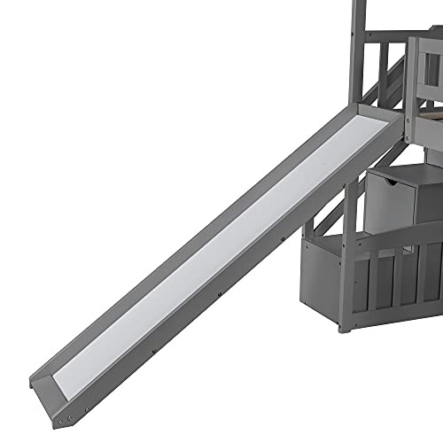 OCTM Twin Over Twin Bunk Bed with Two Drawers and Slide,House Bunk Beds with Roof for Boys or Girls, No Box Spring Needed (Gray)