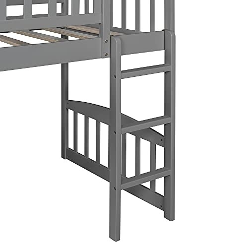 OCTM Twin Over Twin Bunk Bed with Two Drawers and Slide,House Bunk Beds with Roof for Boys or Girls, No Box Spring Needed (Gray)